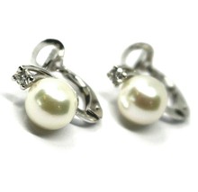 SOLID 18K WHITE GOLD CLIPS EARRINGS, SALTWATER AKOYA PEARLS 7.5/8 MM, DIAMONDS image 1