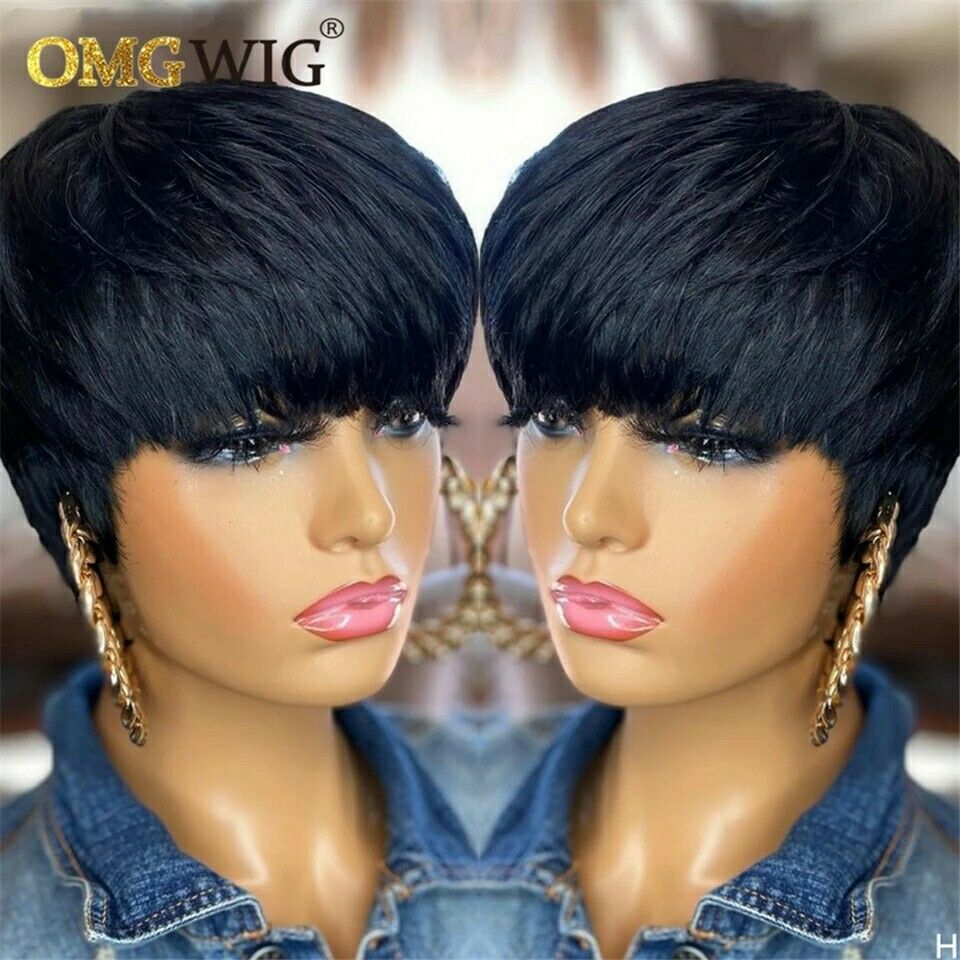Short Straight Bob Pixie Cut Lace Front not human hair wig with bangs for black