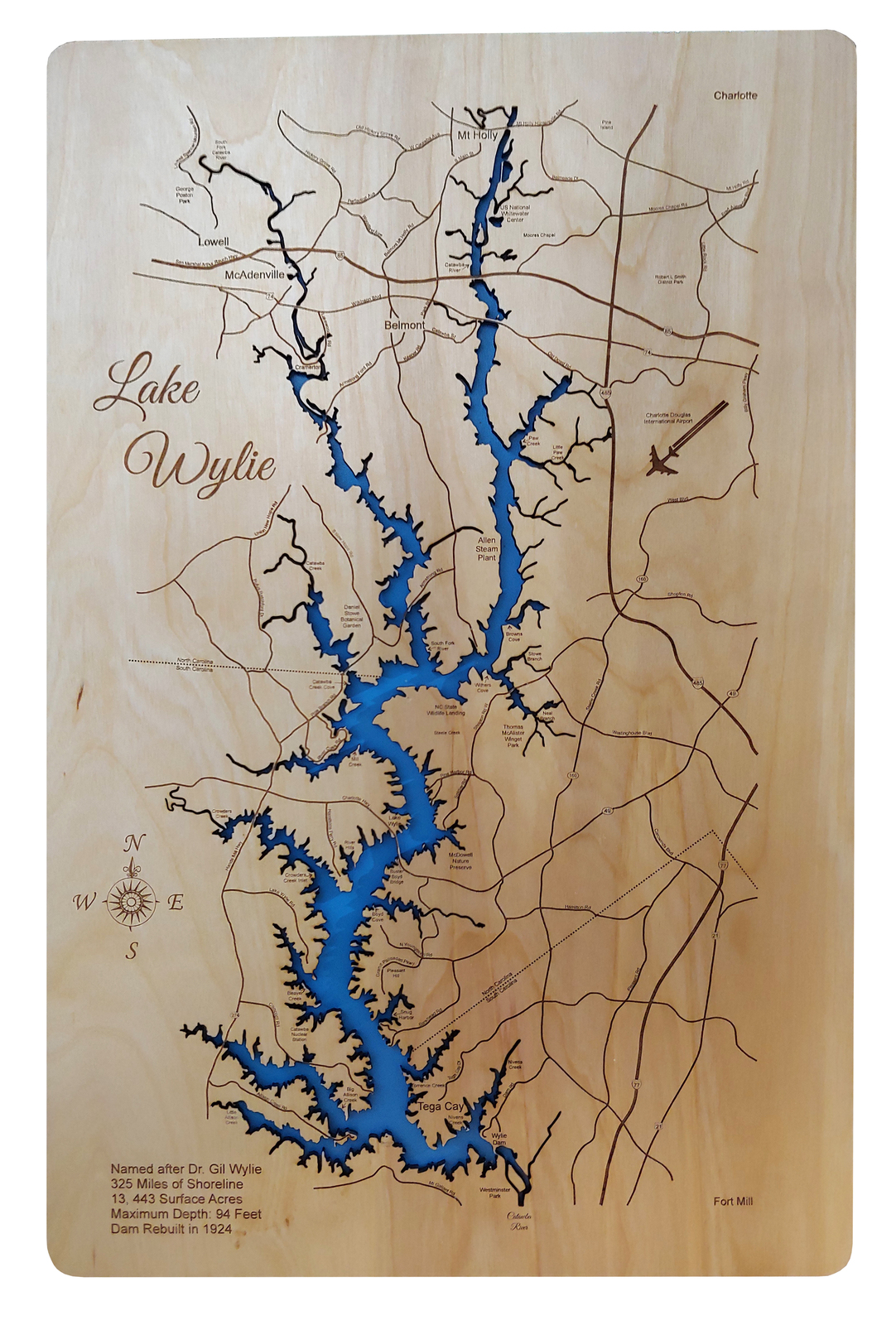 Wood Laser Cut Map of Lake Wylie, NC, SC Topographical Engraved Map ...