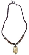 Artisan Handmade Necklace Pendant Wax Brown Linen Bronze Silver Bead Cre... - $9.08