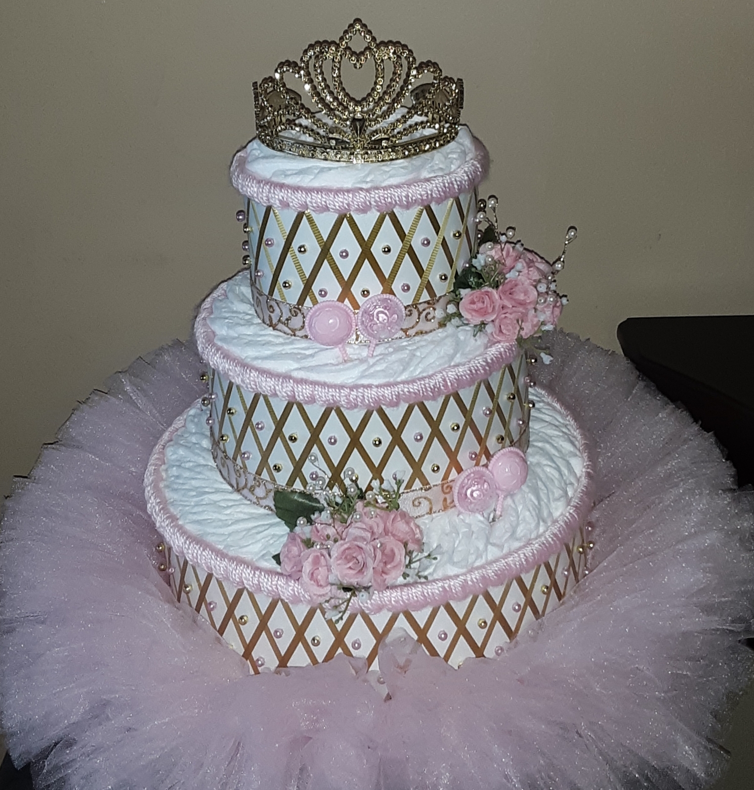 Baby Shower Royal Princess Tutu Gold and Pink Diaper Cake Table Centerpiece Gift