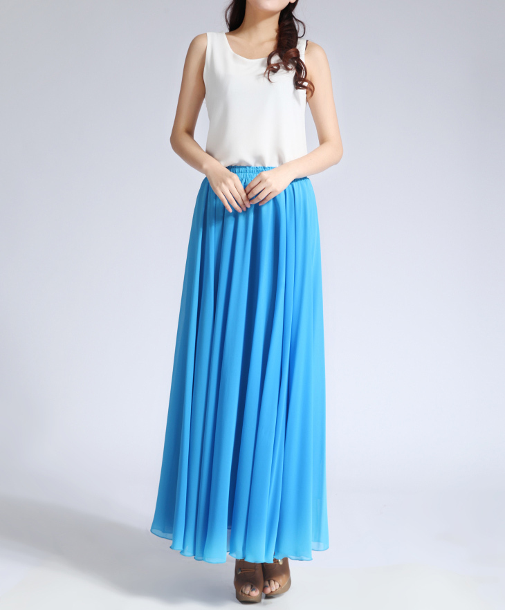 Women Long MAXI Chiffon Skirt AQUA-BLUE Chiffon Maxi Skirt Summer ...