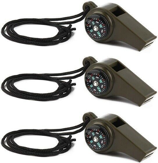 3Pk, 3-in-1 Emergency Survival Whistle with Compass and Thermometer, Safe & Loud