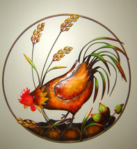 Rooster Wall Plaque w Head Down Metal Round 20" D Country Farm Life Chickens