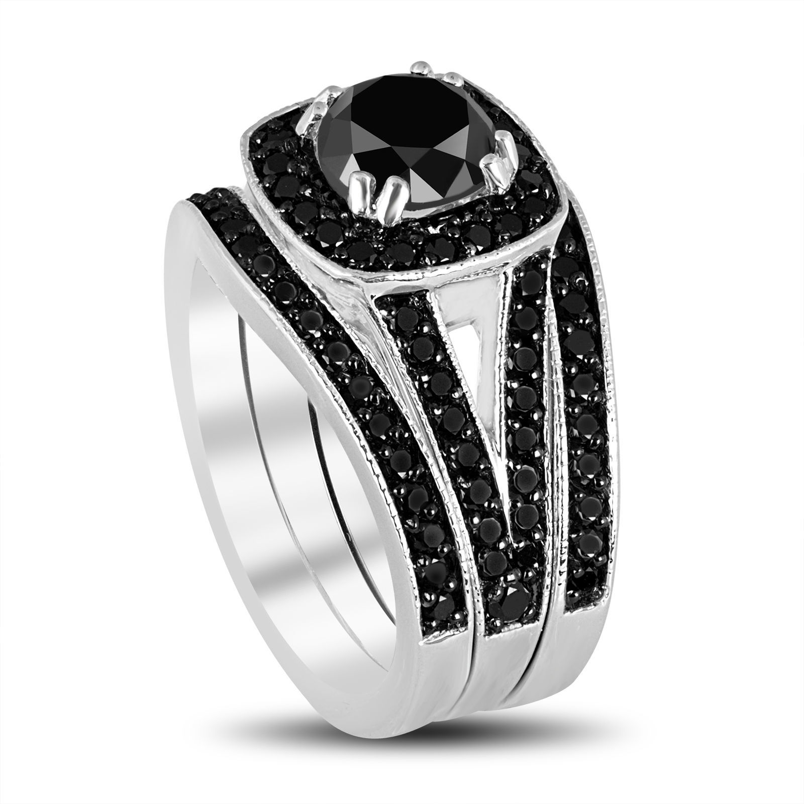 2.02 Carat Enhanced Black Diamonds Engagement Ring Sets 14k White Gold