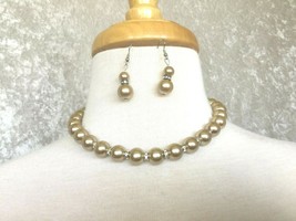 CLEARANCE-----Crystal and 12mm Light Brown Pearl Earrings & Necklace Set - $12.50