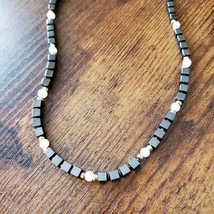 Vintage Glass Stone Bead Necklace, Black White Choker 16", Onyx Quartz image 3