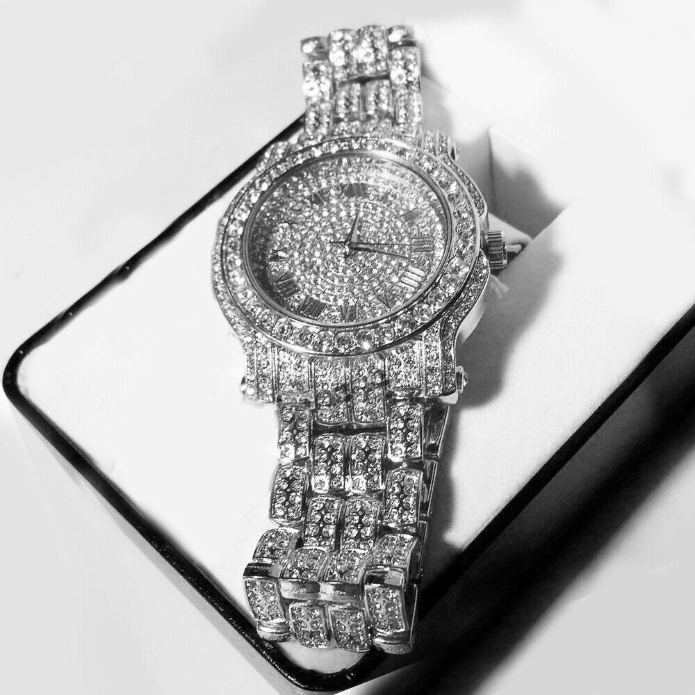 HIP HOP Pave RAPPER WHITE GOLD SIMULATED Crystal WATCH ITALY MADE ...