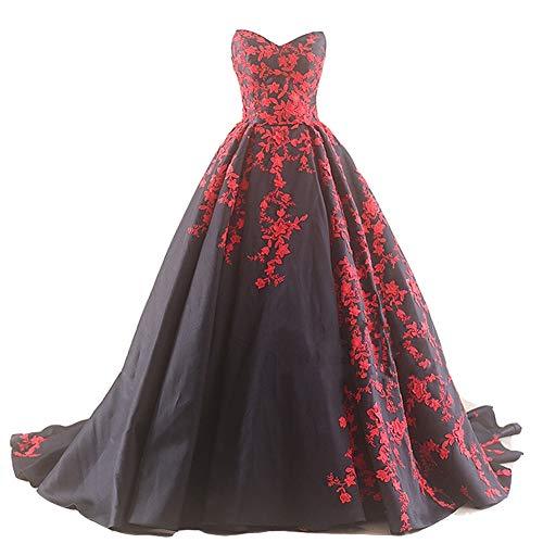 Kivary Gothic Black Satin and Wine Red Lace A Line Long Prom Wedding Dresses Plu