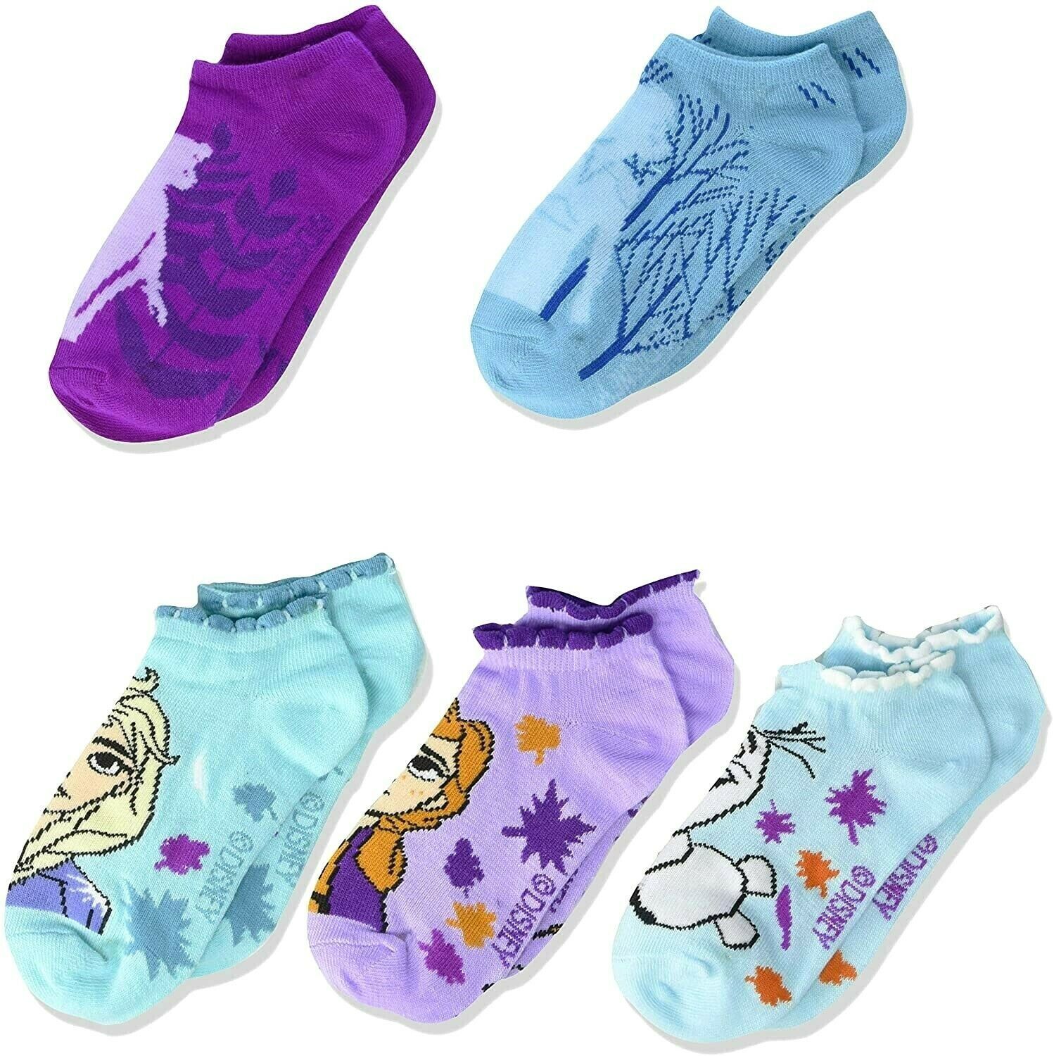 DISNEY FROZEN ANNA ELSA OLAF 5-Pack Low Cut Socks Girls Ages 3-8 (Shoe Size 8-3)