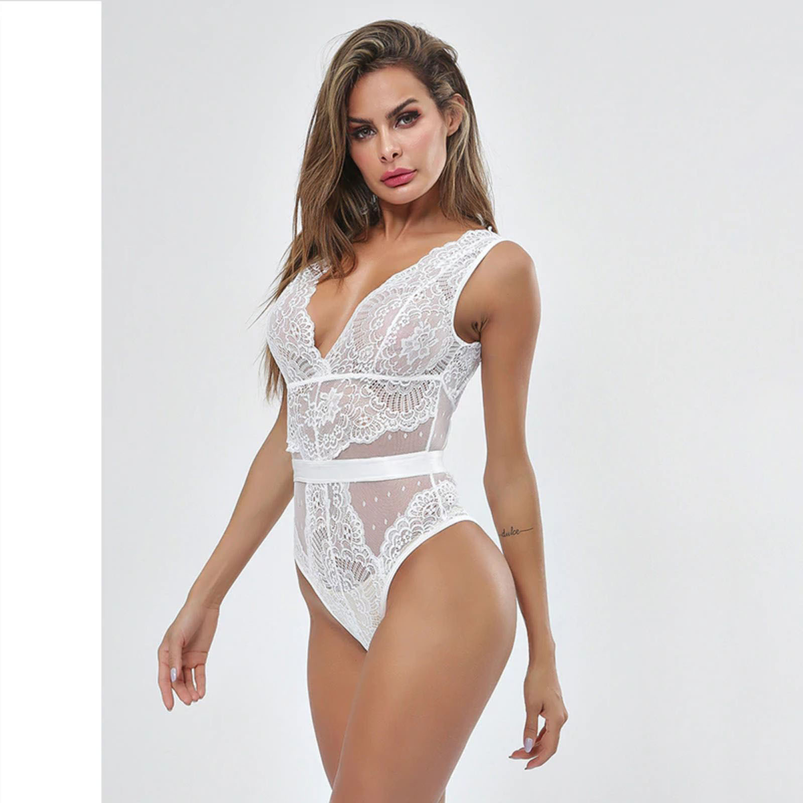 Summer Lace Bodysuit Women Floral Embroidery Deep V Neck Sexy Bodysuit