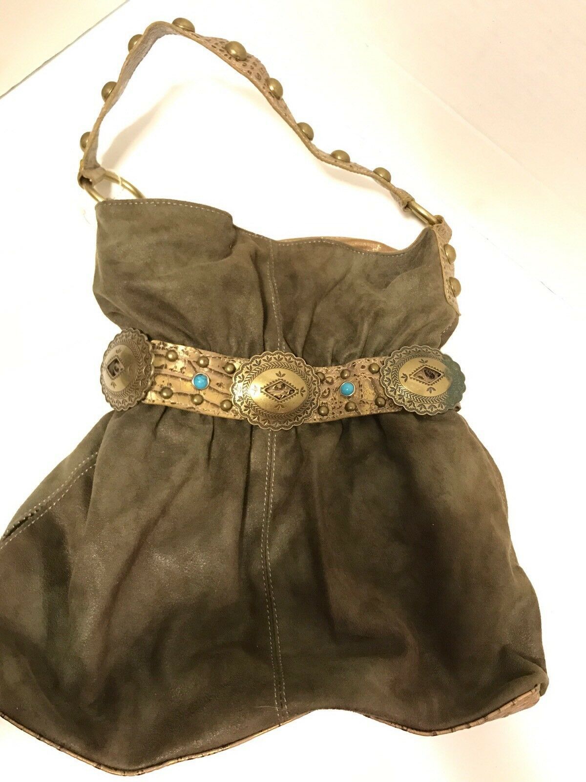 KATHY VAN ZEELAND Green Micro Suede Concha Purse BOHO Hippie Festival