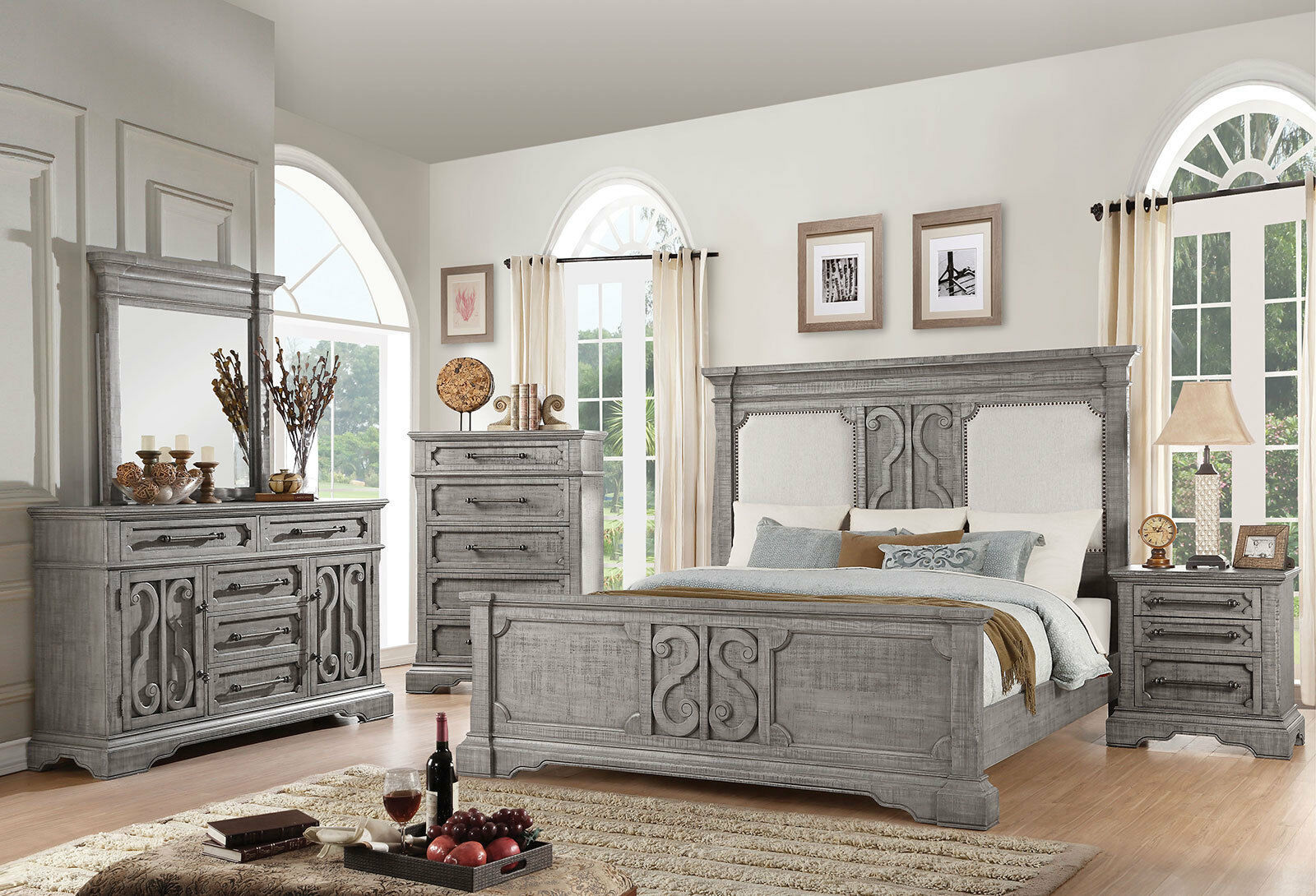 LORRAIN Traditional Distressed Gray 5 pieces Bedroom Set w ...