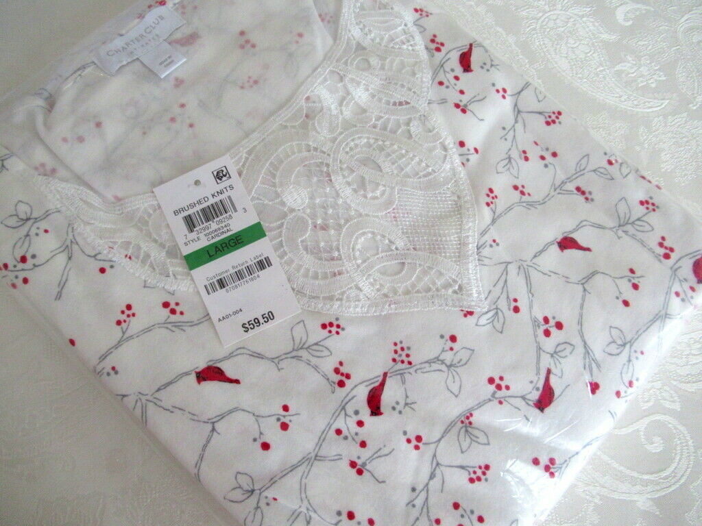 Charter Club Long Sleeve Nightgown Cardinal Birds Brushed Knit Gown L