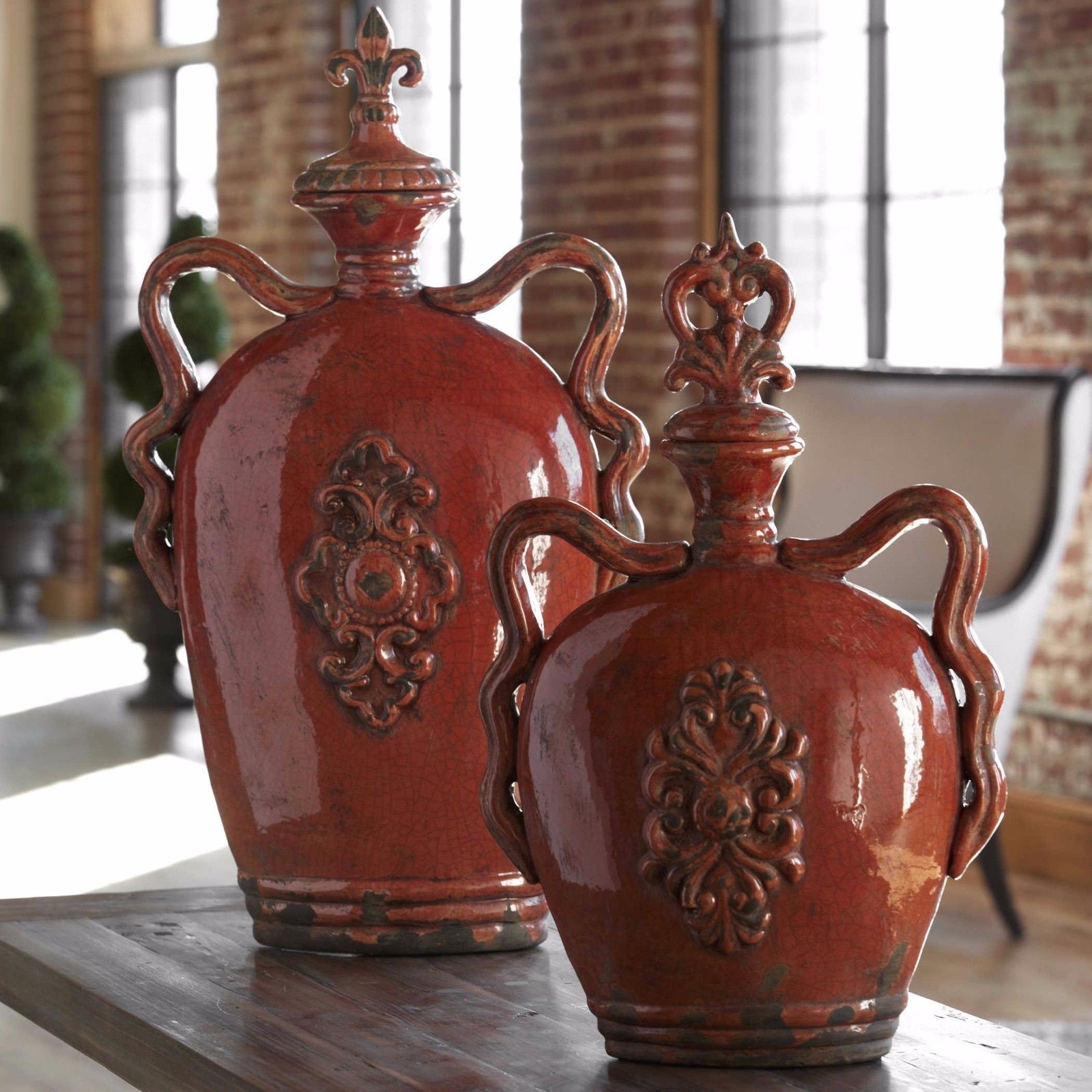 FOUR AGED CRACKLED BURNT ORANGE FINISH CERAMIC VINTAGE STYLE CONTAINERS