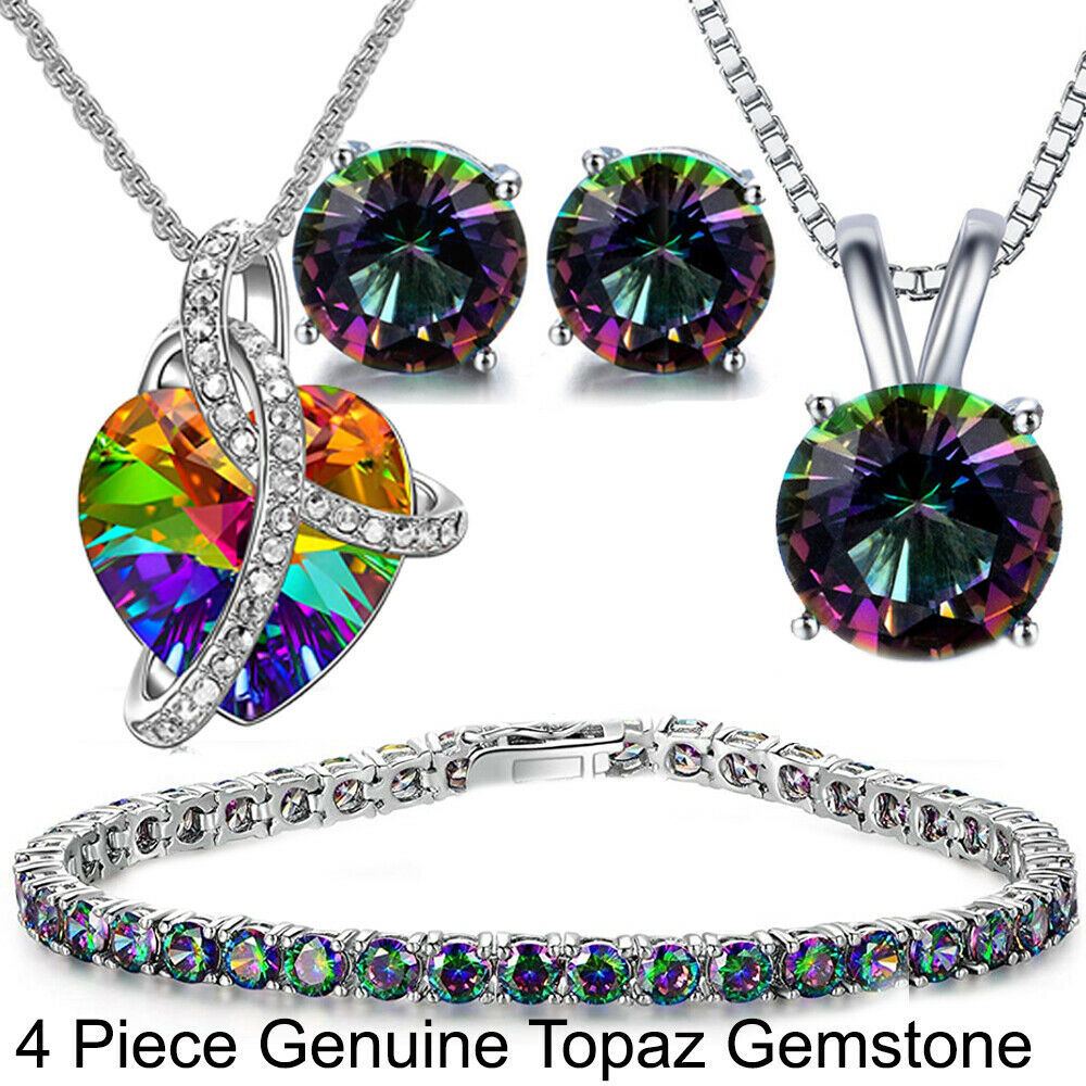 Gorgeous Love Heart Rainbow Mystic Topaz Gems Yellow Gold Charm Necklace Pendant