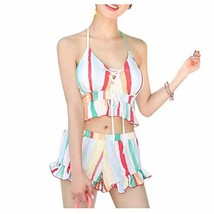 PANDA SUPERSTORE Women Two Piece Swimsuits Striped Boyleg Short Bathing Suit Hal