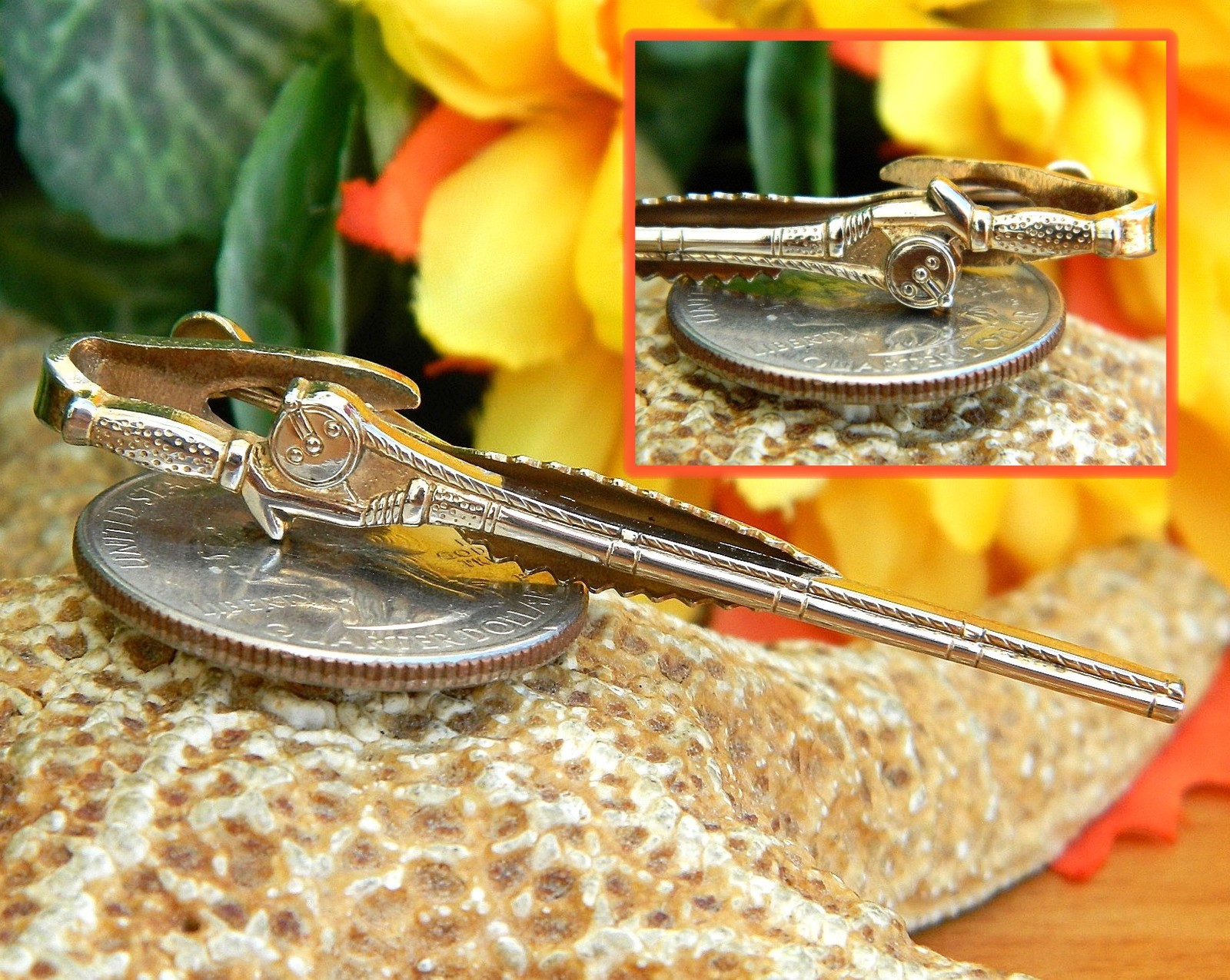 Primary image for Vintage Fly Fishing Rod Pole Reel Tie Clip Clasp Bar Gold Tone Figural