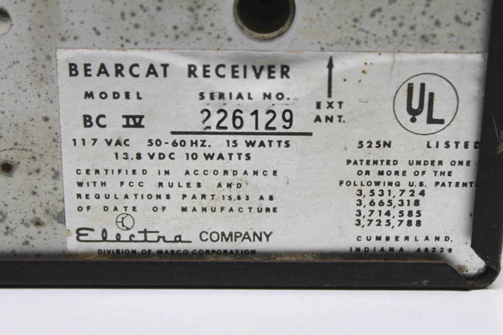 Vintage 1975 Electra Bearcat Crystal Scanner Model BC IV 8 Channel