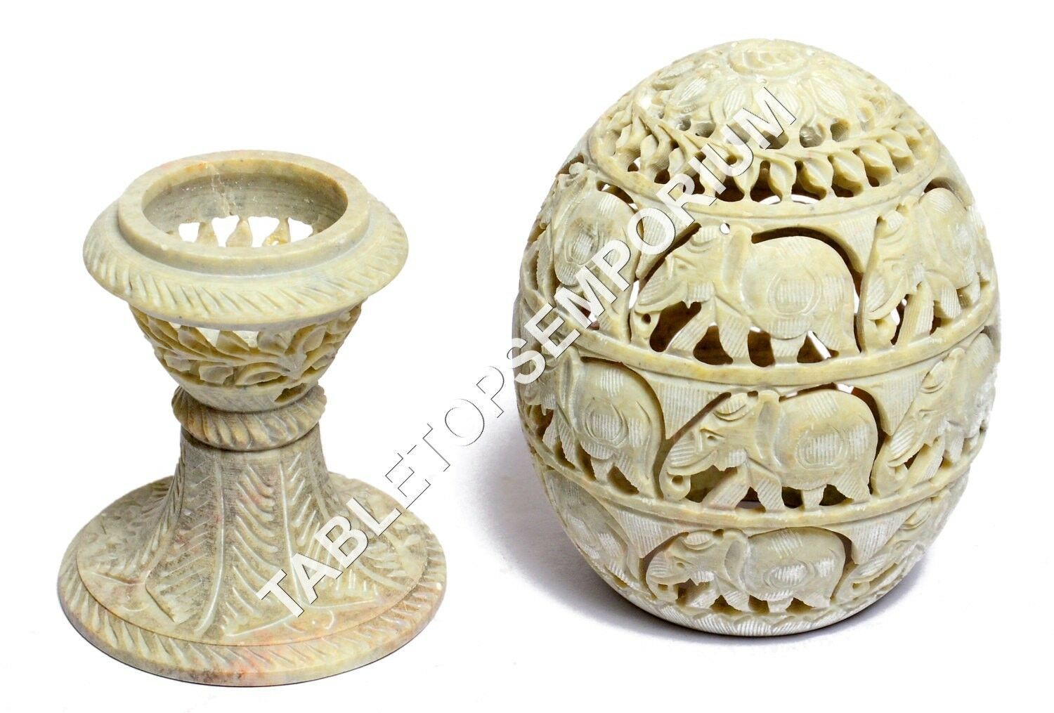9" Lattice Marble Candle Attractive Holder Elephant Hand Carved Design