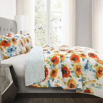 Lush Decor Percy Bloom Floral Cotton Reversible Quilt, Full/Queen, Tangerine/Blu image 2