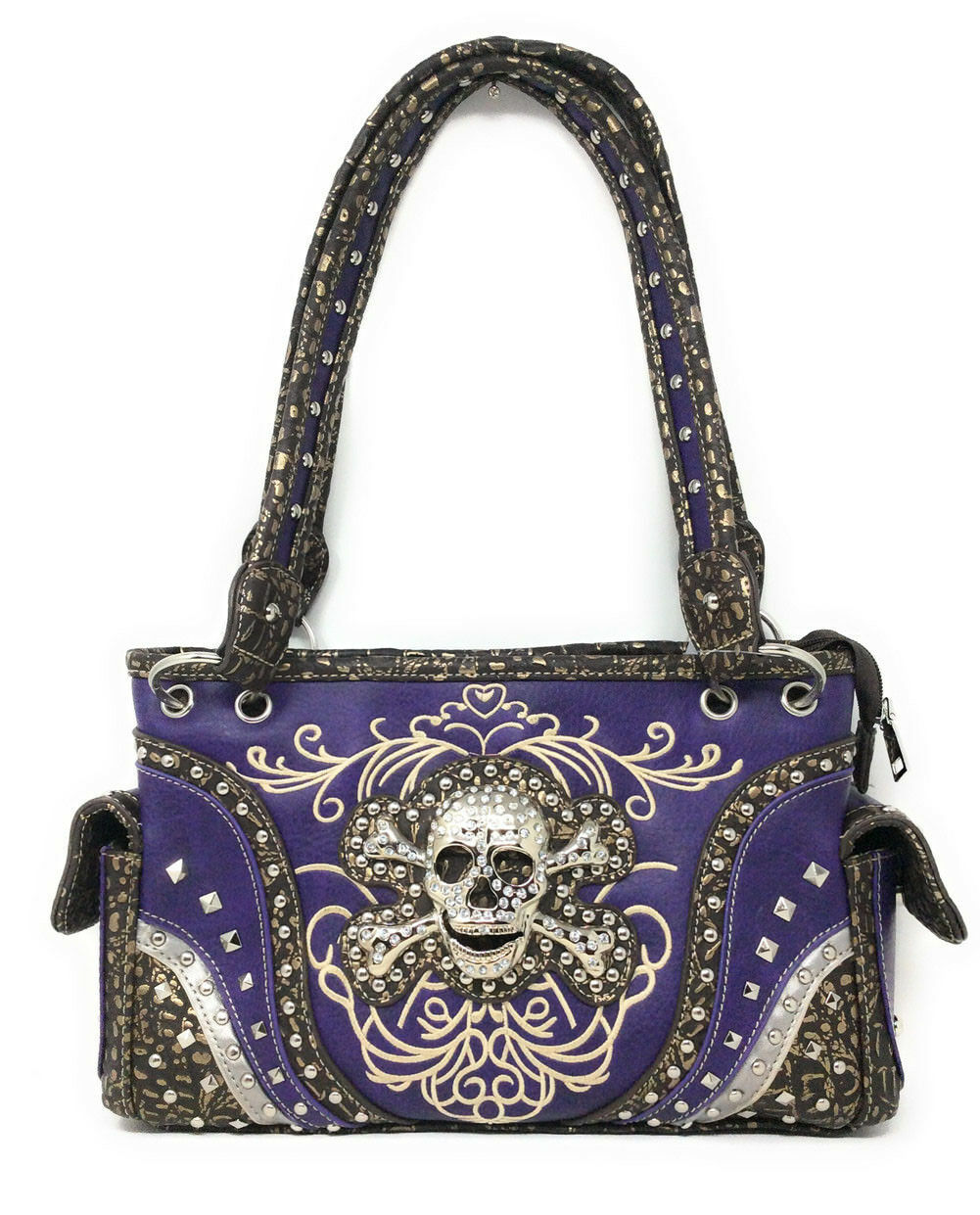 Texas West Embroidered-Concealed-Carry-Rhinestone-Skull Handbag set in 4 colors