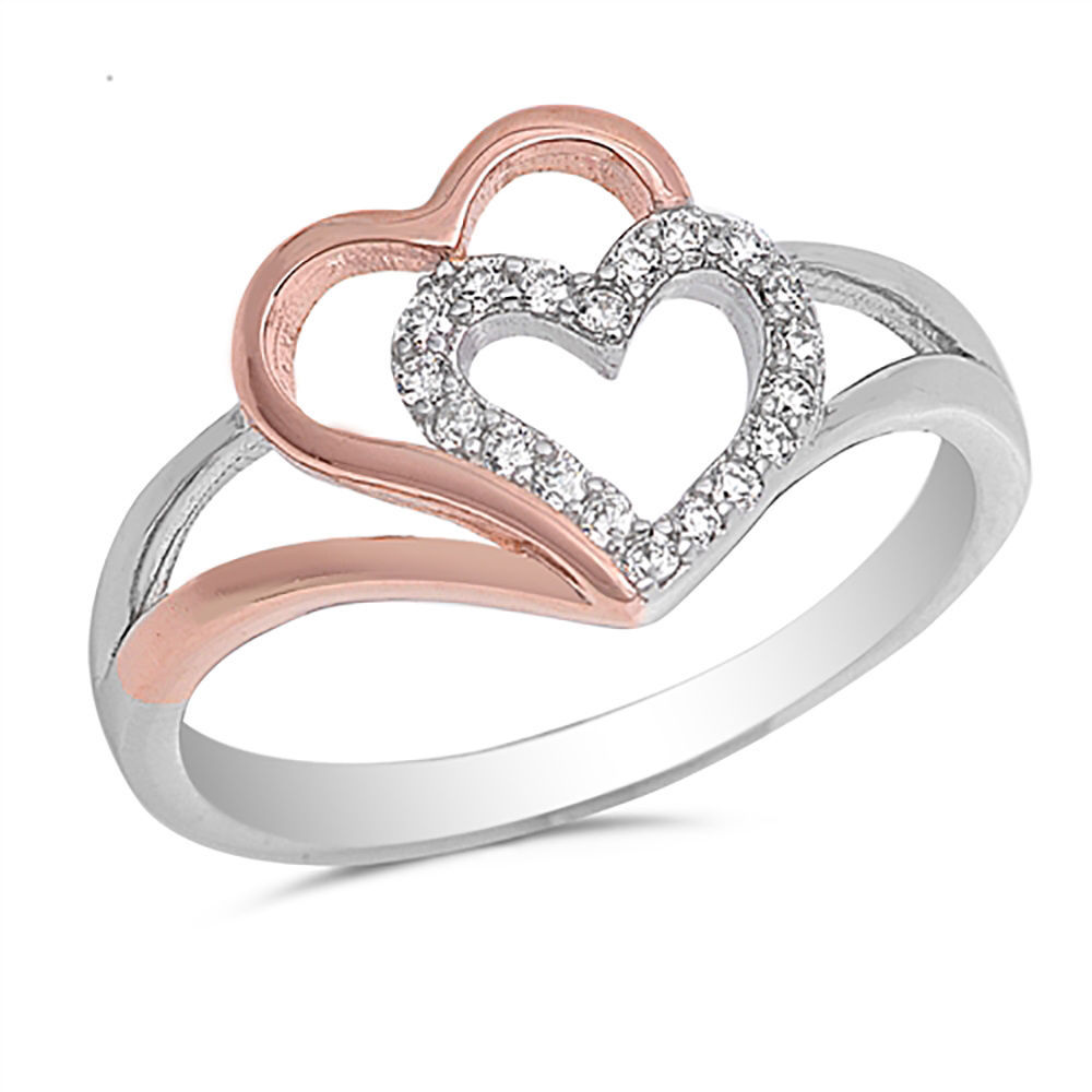 Sterling Silver .925 Fashion Women's CZ Rose Gold Double Heart Promise ...