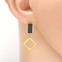 Gold Tone Drop Earrings, Jet Black Inlay & Dangling Geometric Accent - $23.99