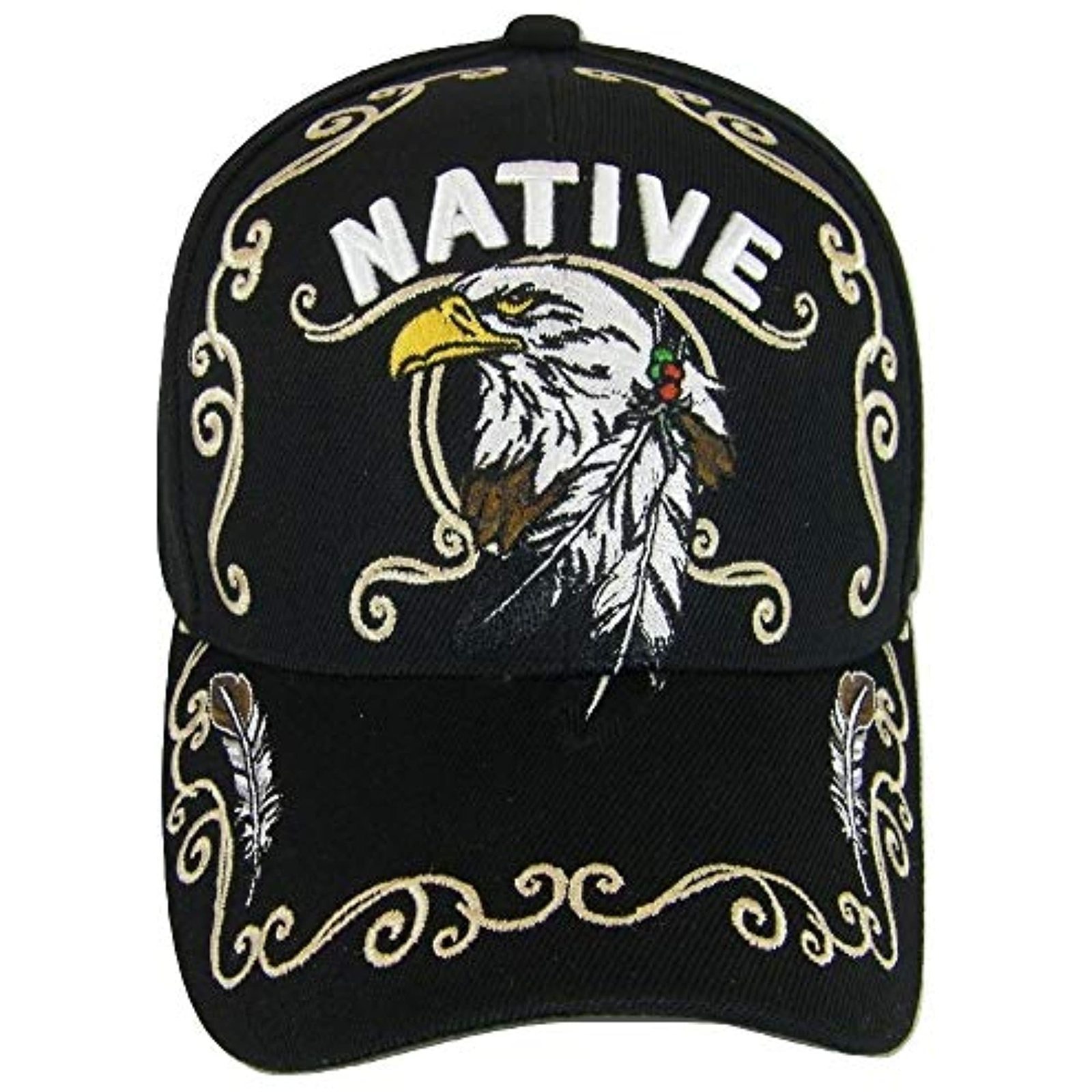 Native Pride Eagle Adjustable Baseball Cap with Feathers and Swirls (Black)