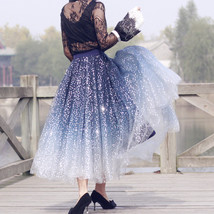 Sequined Tulle Midi Skirt Outfit Navy Blue Sparkly Midi Skirt Custom Plus Size image 5