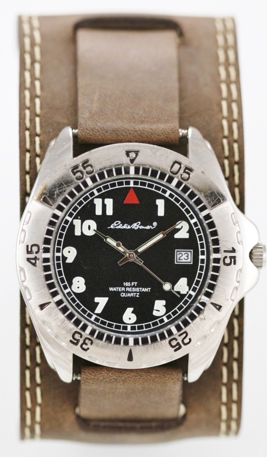 Eddie Bauer Watch Mens Gray Date Stainless Silver Brown Wide