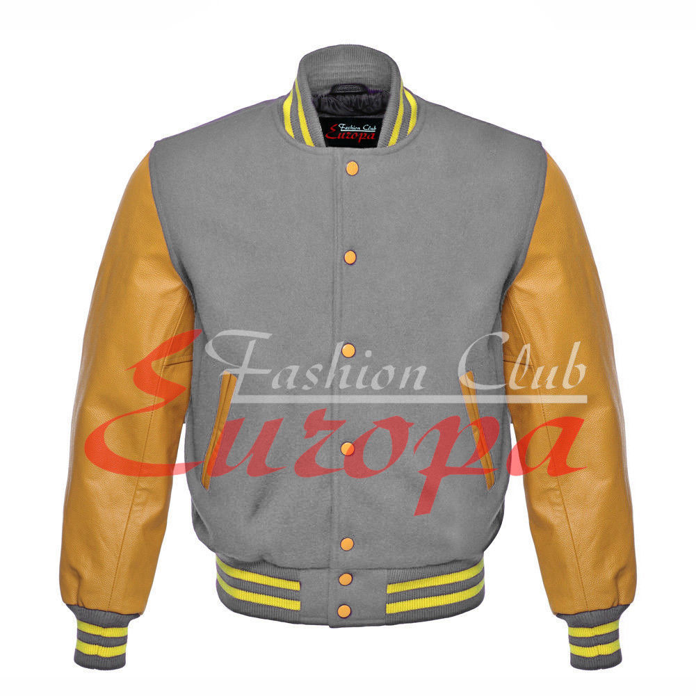 Original Varsity Letterman School College Jackets Gold Leather Sleeves /& 7 Colors Sizes XS to 7XL Wool