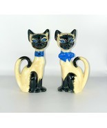 Vintage Pair of Ceramic Cats Figurines Blue Eyes &amp; Blue Collars - $25.99
