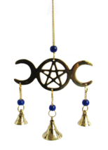 Triple Moon Mini Chime Brass Beaded Altar Decor w/ Bells 9.5&quot; Length #GRV20 - $30.17