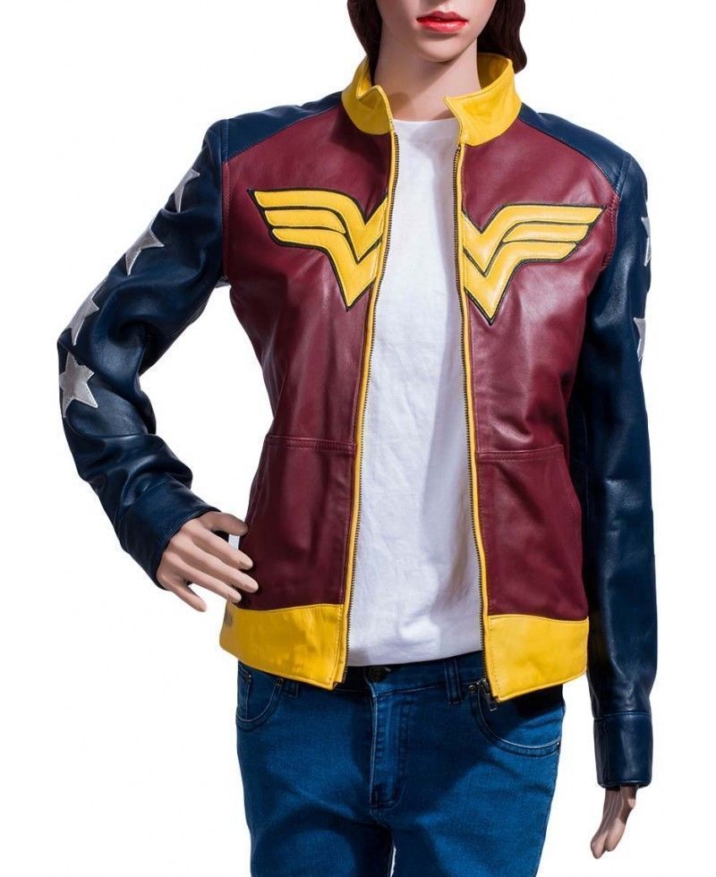 Red Blue DC Wonder Woman Justice League Gal Gadot Costume Ladies Leather Jacket