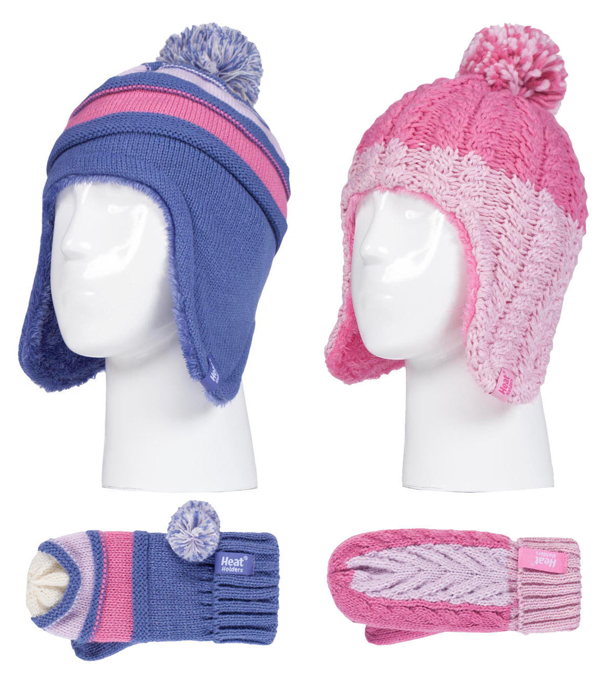 Boys Thermal Lined Pom Pom Winter Hat and Mittens with Ear Flaps Heat Holders