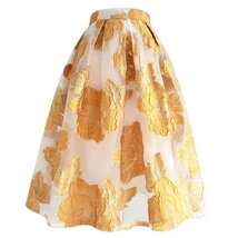 Summer GOLD Floral Midi Party Skirt Outfit Organza Plus Size Midi Skirt Pockets image 5