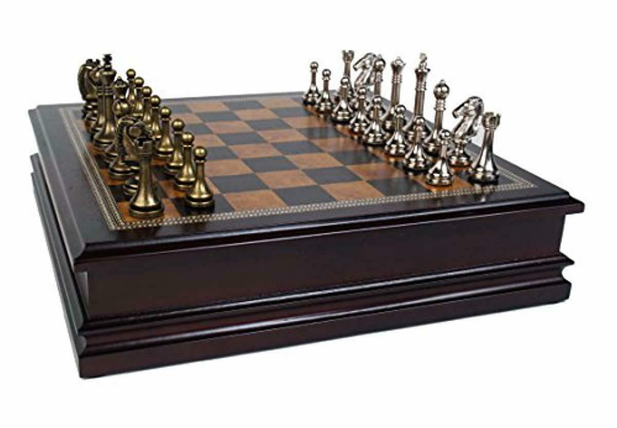 NEW Chess Set Board Game Brass King Metal Pieces Deluxe Wood Board Storage Box