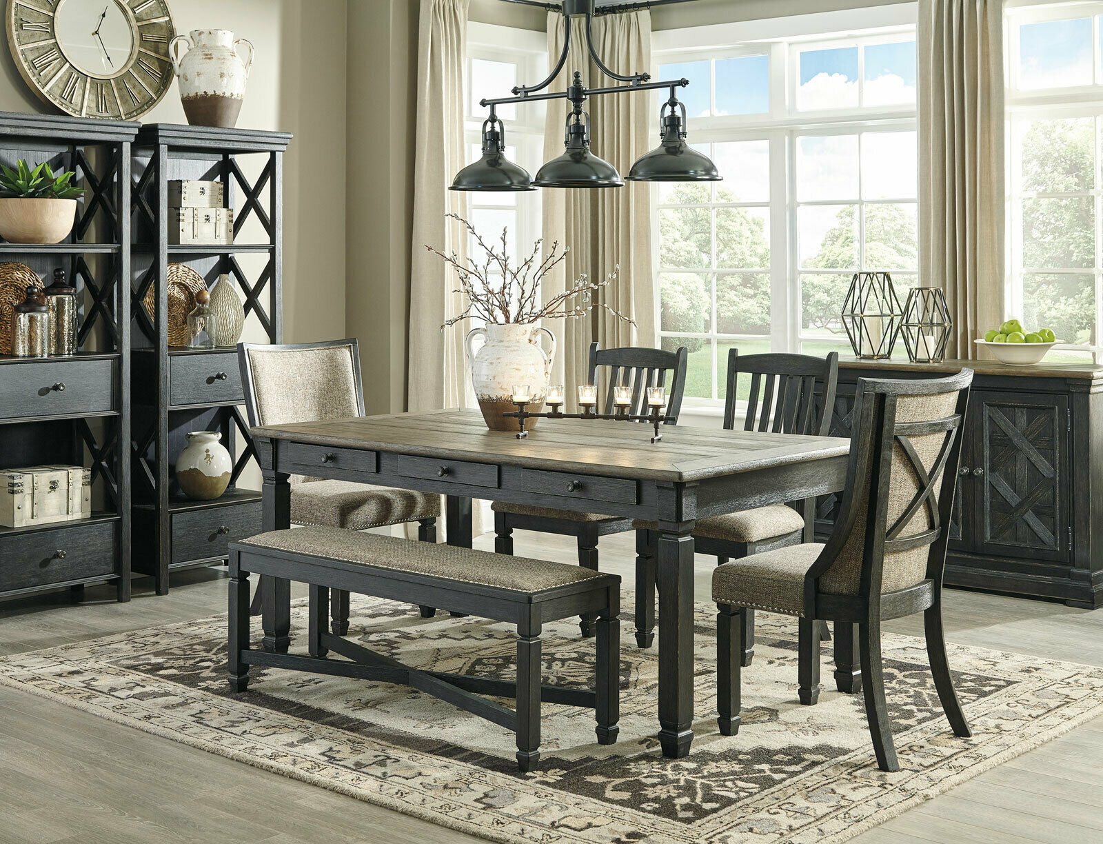 NEW Traditional Rustic Black & Brown 6pc Dining Room Table Bench Chairs