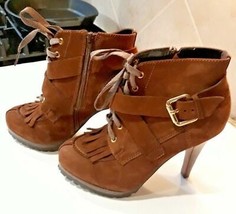 STEPHANIE Brazil Nubuck Leather Platform Heel Boot Bootie Pump Brown 6 /... - $41.58