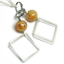 PENDANT EARRINGS ORANGE MURANO GLASS SPHERE AND BIG SQUARE 6cm 2.36" ITALY MADE image 1