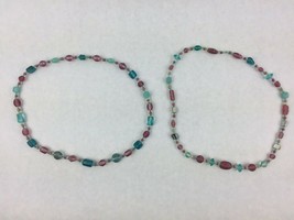 Set of 2 Glass and Resin Blue and Pink Bead Handmade Necklace Set 10" - $19.62
