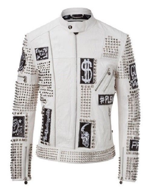 New Philipp Plein White Full Studded Embroidery Patches Leather jacket Biker Men