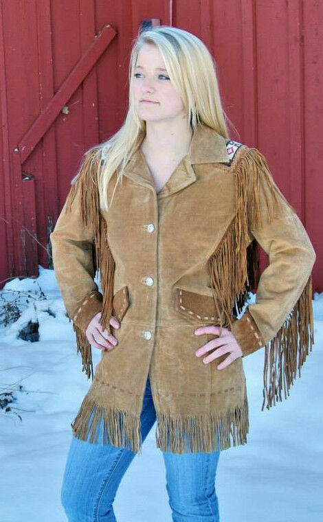 Women Tan Color Western Wear Beaded Patches Genuine Suede Leather Fringed Jacket