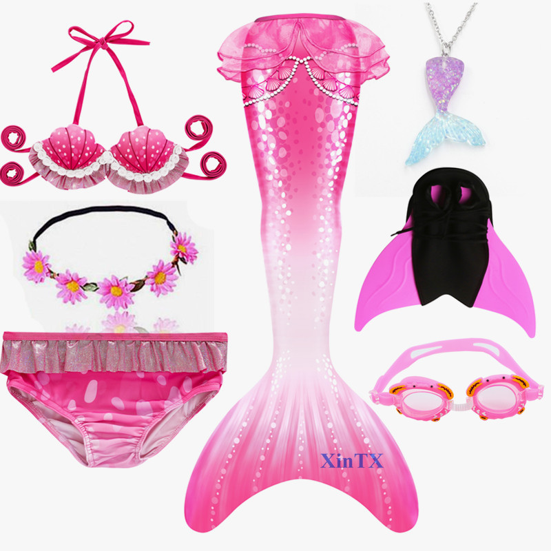 Kids Swimmable Mermaid Tail for Girls Swimming Monofin Fin Goggle with Garland