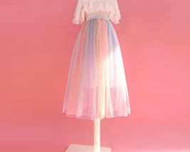 Rainbow Color Midi Tulle Skirt Holiday Outfit Women Rainbow Stripe Tulle Skirts  image 7