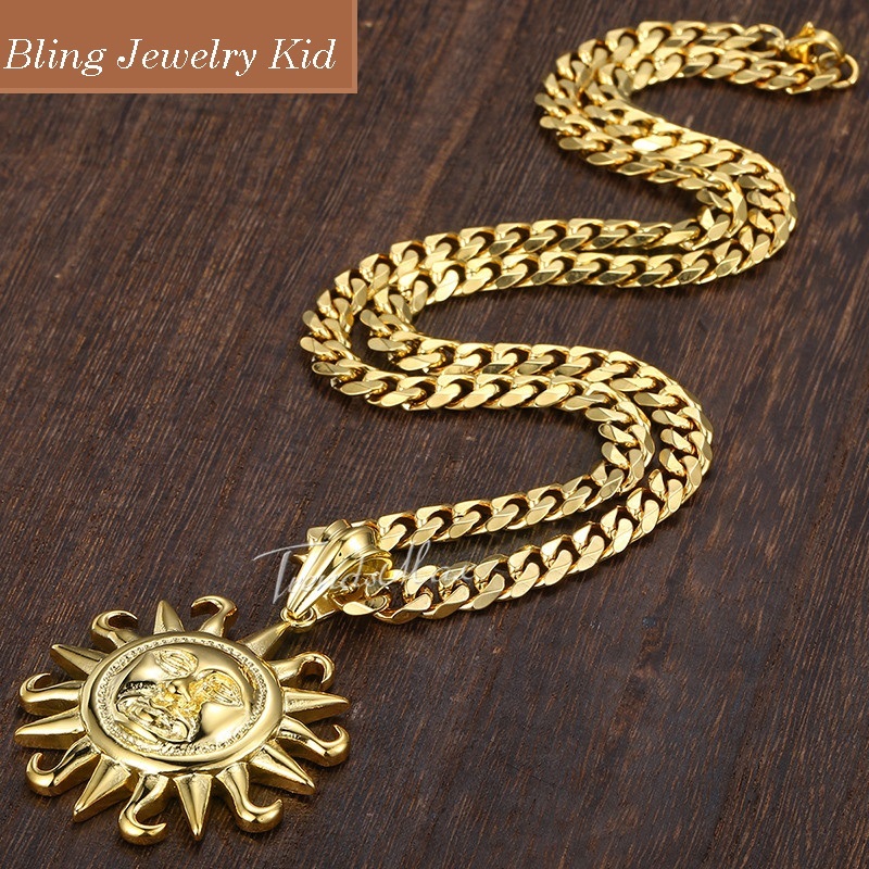 Sun Pendant Necklace for Men Gold and silver Tone Stainless Steel