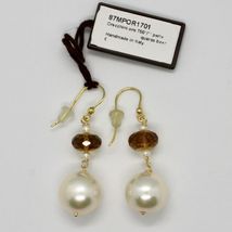 SOLID 18K YELLOW GOLD EARRINGS WITH WHITE PEARL AND BEER QUARTZ MADE IN ITALY image 3