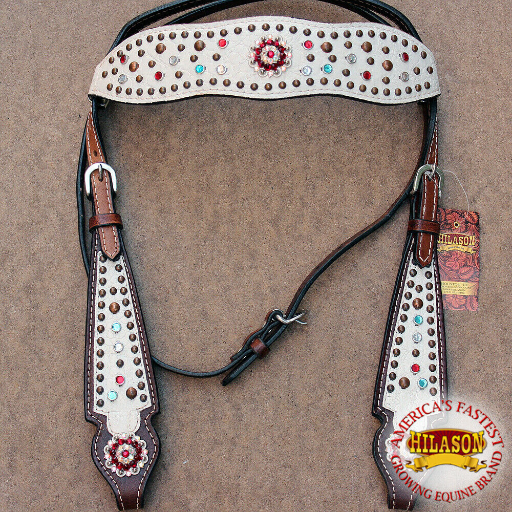 Western Horse Headstall Tack Bridle American Leather White Bling Concho