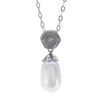 0.02 Carat Round Diamond & Pearl Vintage Pendant on Cable Link Chain 14K White G - $157.41